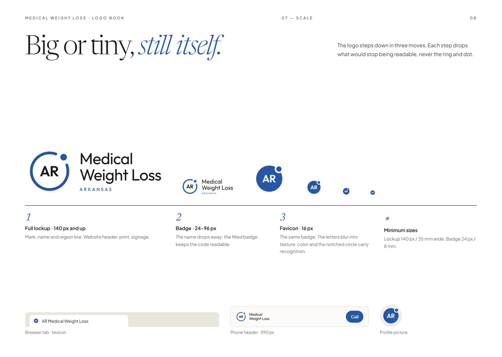 Scale: full lockup, badge and favicon, shown in a browser tab and phone header