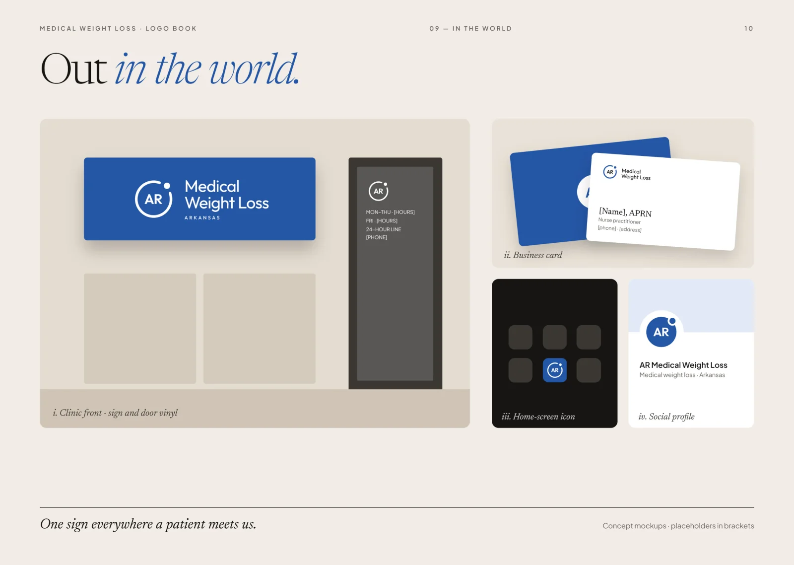Concept mock-ups: clinic sign, business card, home-screen icon and social profile