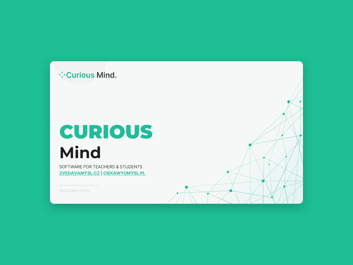 Curious Mind title slide on teal: software for teachers and students, with a network-line illustration